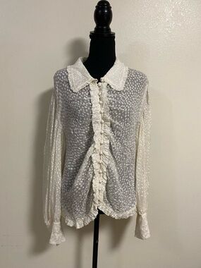 Rebecca Taylor Blouse Women’s Size 14 Cream Textured Button-Up Ruffle Blouse